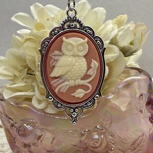 Mother’s Day Gift Mom Wife Daughter Peach Cameo Necklace White Owl Charm easter